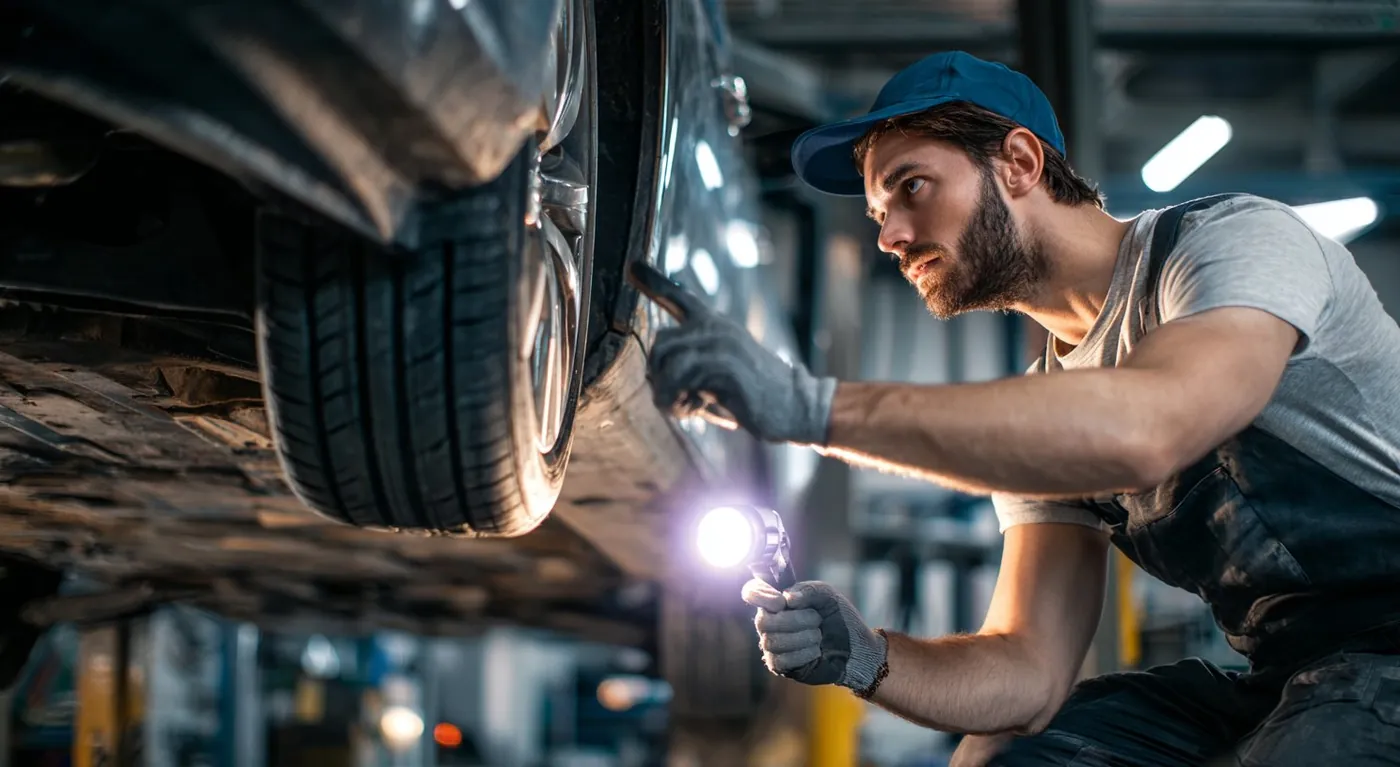 Mechanic inspecting car undercarriage